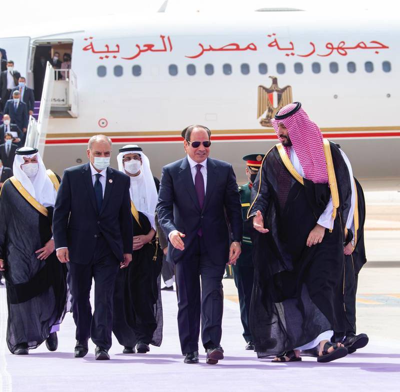 Saudi Arabia's Crown Prince Mohammed bin Salman greets Egyptian President Abdel Fattah El Sisi on his arrival in Riyadh. The leaders were to discuss bilateral relations and regional and international issues. SPA