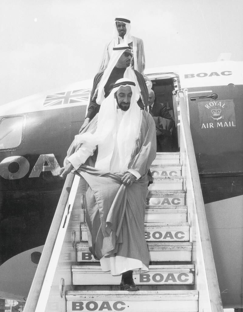 Sheikh Zayed arrives at London's Heathrow Airport, at the start of his first official visit to Britain.