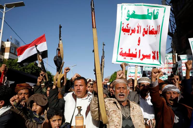 Pro-Houthi Yemenis chant slogans during a rally in Sanaa, Yemen. EPA