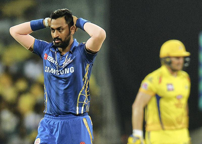 Mumbai Indians cricketer Krunal Pandya gestures during the 2019 Indian Premier League (IPL) first qualifier Twenty20 cricket match between Chennai Super Kings and Mumbai Indians at the M.A. Chidambaram Stadium in Chennai on May 7, 2019. (Photo by ARUN SANKAR / AFP) / ----IMAGE RESTRICTED TO EDITORIAL USE - STRICTLY NO COMMERCIAL USE-----