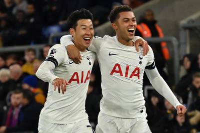 Son Heung-min celebrates with Brennan Johnson after scoring Tottenham Hotspur's  second goal in their 2-1 Premier League win at Crystal Palace on October 28, 2023. AFP