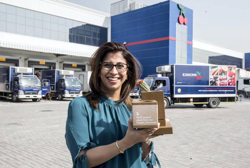 Dubai, United Arab Emirates - Halima Jumani showing the  product of plastic and paper waste at the kibsons HQ, Dubai. Ruel Pableo for The National