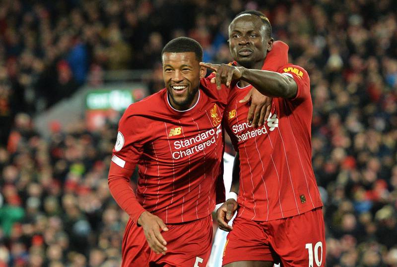 epa08245192 Sadio Mane (R) of Liverpool celebrates with teammate Georginio Wijnaldum after scoring his team's fourth goal which was disallowed for offside during the English Premier League match between Liverpool and West Ham in Liverpool, Britain, 24 February 2020.  EPA/PETER POWELL EDITORIAL USE ONLY. No use with unauthorized audio, video, data, fixture lists, club/league logos or 'live' services. Online in-match use limited to 120 images, no video emulation. No use in betting, games or single club/league/player publications
