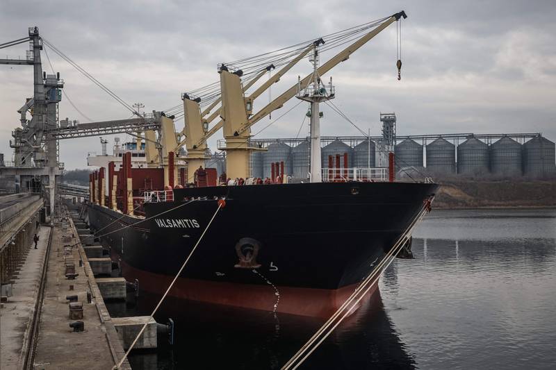 The UN-chartered vessel MV Valsamitis is loaded to deliver 25,000 tonnes of Ukrainian wheat to Kenya and 5,000 tonnes to Ethiopia, at the port of Chornomorsk, east of Odesa. AFP