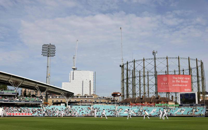 England's Alex Lees hits the ball over the South African slip cordon for a boundary at The Oval. AFP
