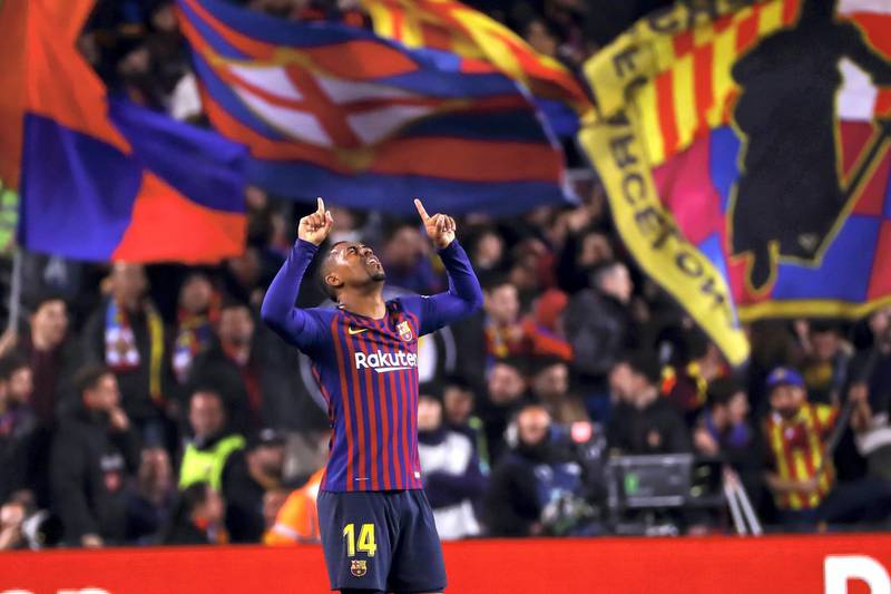 FC Barcelona's forward  Malcom  celebrate after scoring the 1-1 goal during semifinal of spanish King Cup frist leg match between FC Barcelona and Real Madrid at  Nou Camp Stadium on February  6, 2019.(Photo by Jose Miguel Fernandez/NurPhoto via Getty Images)
