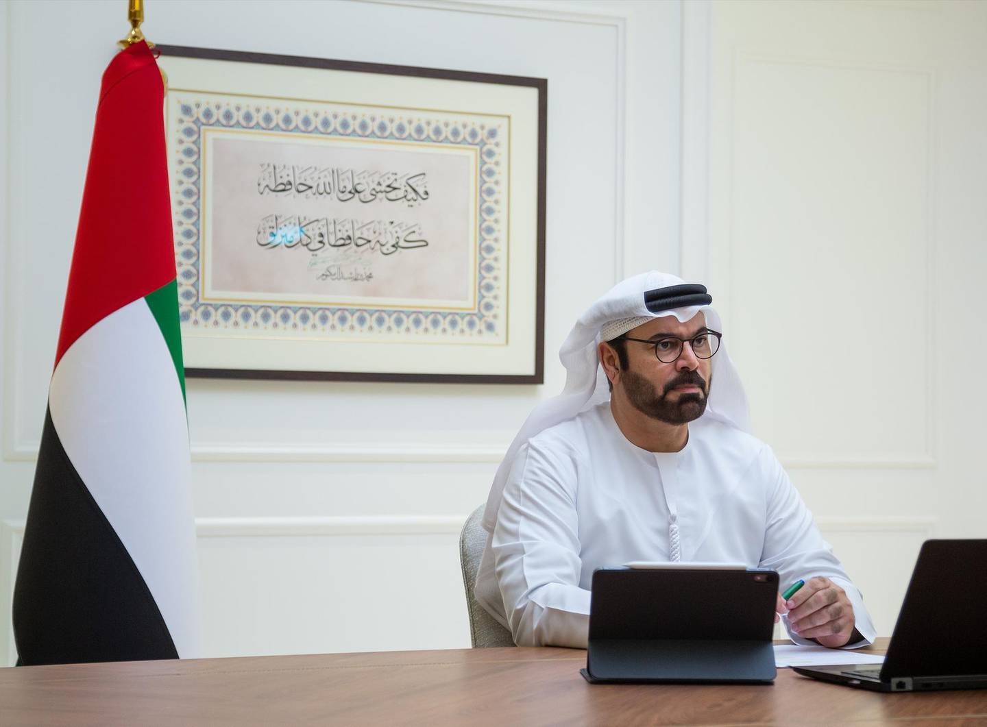 Mohammed Al Gergawi, Minister of Cabinet Affairs and the Future, attends the government meeting remotely. Courtesy: UAE Government Twitter 