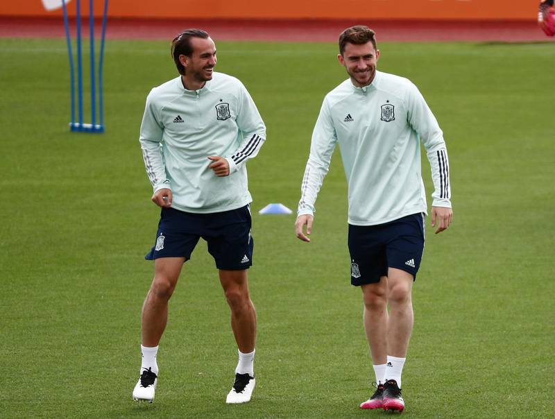 Spain's Fabian Ruiz and Aymeric Laporte during a training session. Reuters