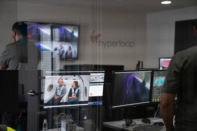 The control room is seen during testing for the Virgin Hyperloop pod at their DevLoop test site in Las Vegas, Nevada. Reuters