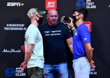 ABU DHABI, UNITED ARAB EMIRATES - JULY 14: (L-R) Opponents Jack Shore of Wales and Aaron Phillips face off during the UFC Fight Night weigh-in inside Flash Forum on UFC Fight Island on July 14, 2020 in Yas Island, Abu Dhabi, United Arab Emirates. (Photo by Jeff Bottari/Zuffa LLC via Getty Images)