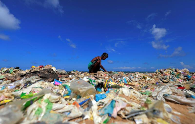 A volunteer collects garbage on the beach during an event to mark the World Environment Day in Colombo, Sri Lanka.  REUTERS