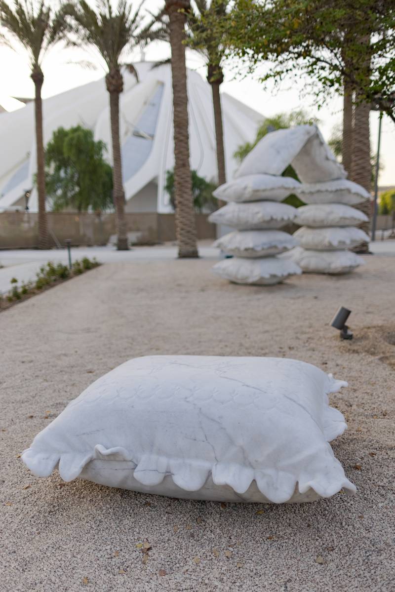 Made of marble, the sculptural forms are modeled after tikkay -- traditional Emirati floor pillows.
