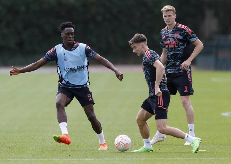 Arsenal's Albert Sambi Lokonga, Kieran Tierney and Rob Holding during training at London Colney on Wednesday, September 7, 2022. Reuters
