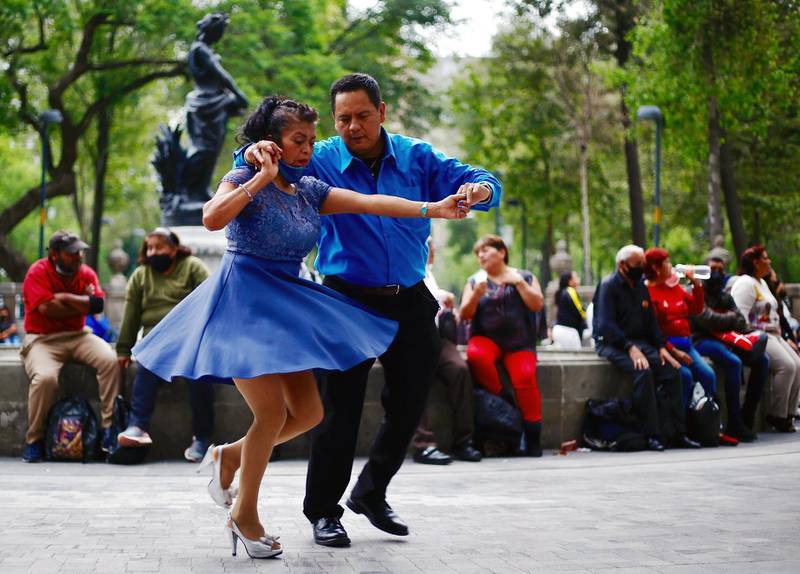Dancers in Alameda Central Park in Mexico City, Mexico, celebrate a decline in coronavirus infections. The health authorities said that 19 of Mexico's 32 states are on green epidemiological status because of the low risk of infections. EPA