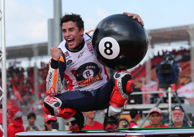 Spain's rider Marc Marquez after sealing his 8th Moto GP Championship at the Chang International Circuit in Thailand, on Sunday, October 6. AP