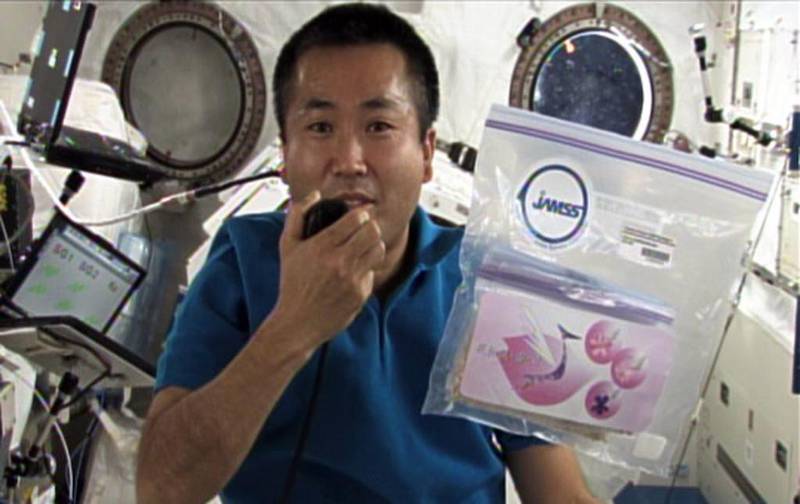 This Jaxa handout picture taken on April 13, 2009 shows Japanese astronaut Koichi Wakata holding the pack of cherry seeds in the International Space Station. AFP / JAXA 