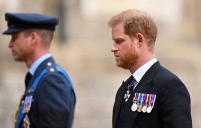 Prince William and Prince Harry join Queen Elizabeth II's funeral procession towards St George's Chapel in September 2022  in Windsor. Getty Images