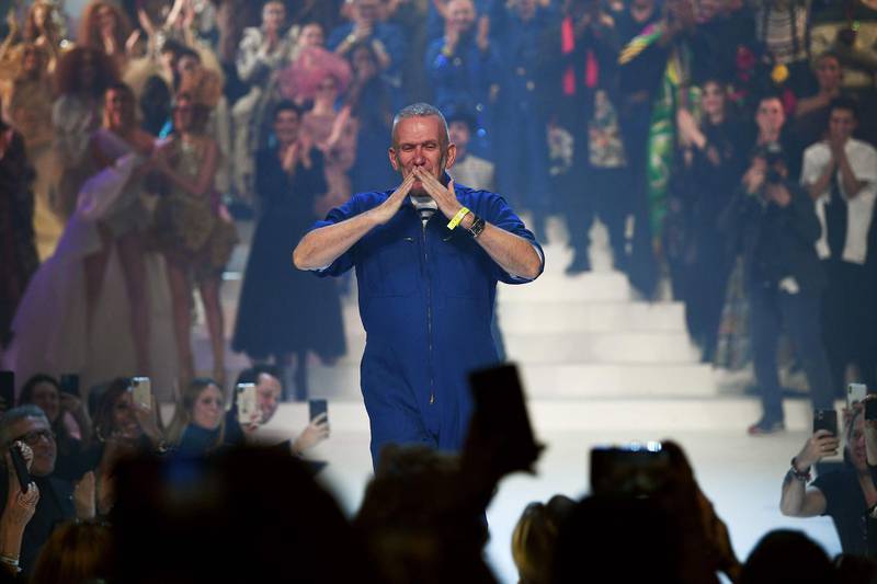 French designer Jean Paul Gaultier acknowledges the audience at the end of his Women's Spring / Summer 2020 Haute Couture collection fashion show in Paris, which will be his last. AFP