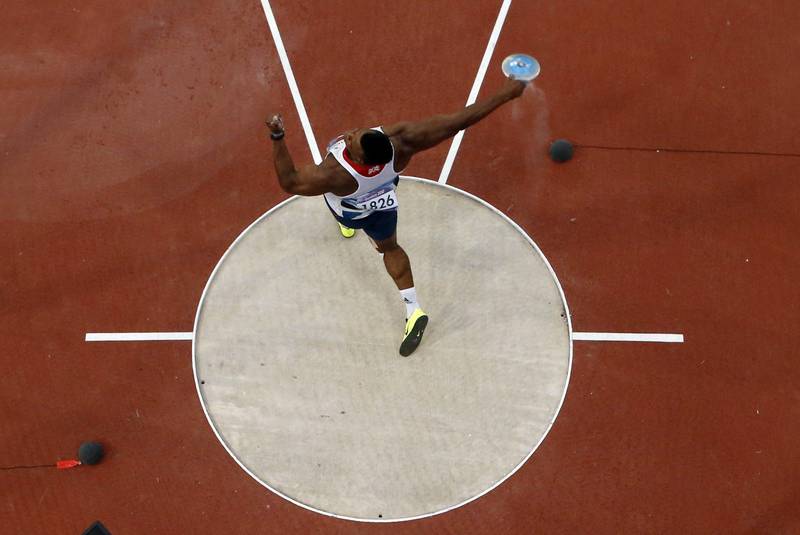 LONDON, ENGLAND - AUGUST 07:   Lawrence Okoye  of Great Britain competes in the Men's Discus Throw Final on Day 11 of the London 2012 Olympic Games at Olympic Stadium on August 7, 2012 in London, England.  (Photo by Pawel Kopczynski - IOPP Pool /Getty Images) *** Local Caption ***  149950888.jpg