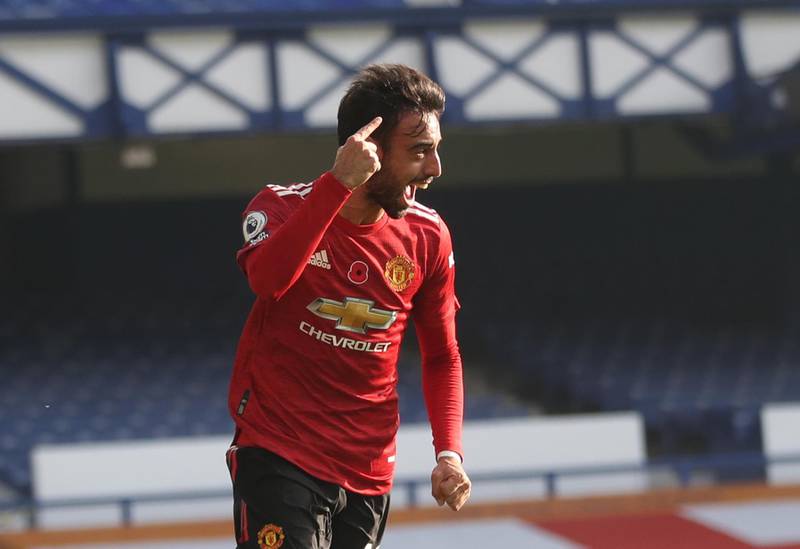 Bruno Fernandes of Manchester United celebrates after scoring the second goal against Everton on Saturday. EPA