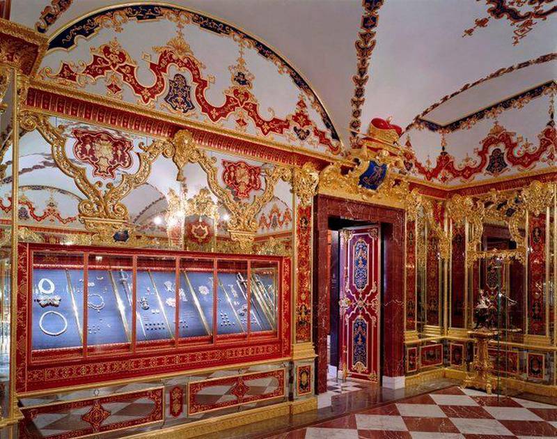 This undated photo depicts the Jewellery Room of the Green Vault with the display cases, left, showing the part of the collection that was affected by the robbery. AP