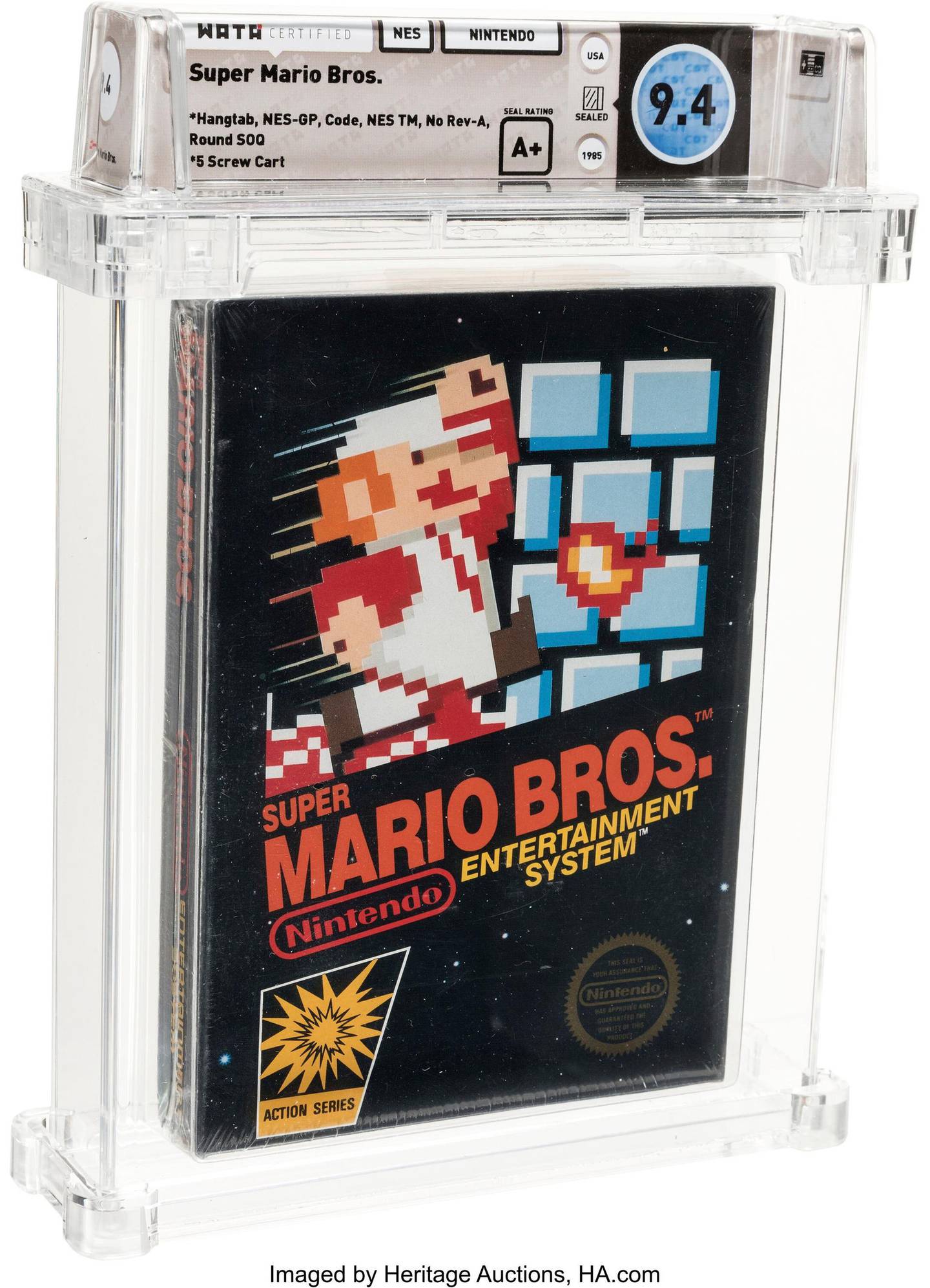 This photo provided by Heritage Auctions on Saturday, July 11, 2020, shows the front of an unopened copy of a vintage Super Mario Bros. video game that has been sold for $114,000 in an auction that underscored the enduring popularity of entertainment created decades earlier. (Emily Clemens/Heritage Auctions via AP)