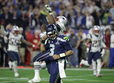 Seattle Seahawks quarterback Russell Wilson (3) reacts after throwing an interception to New England Patriots strong safety Malcolm Butler during Super Bowl XLIX. David Goldman / AP
