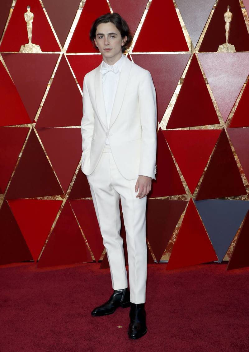 Timothee Chalamet in all-white Berluti for the 90th annual Academy Awards in March 2018. EPA