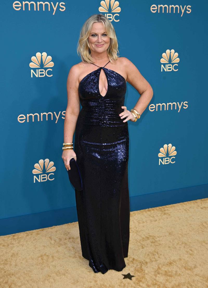 Amy Poehler wearing navy blue, sequinned Halston. AFP 