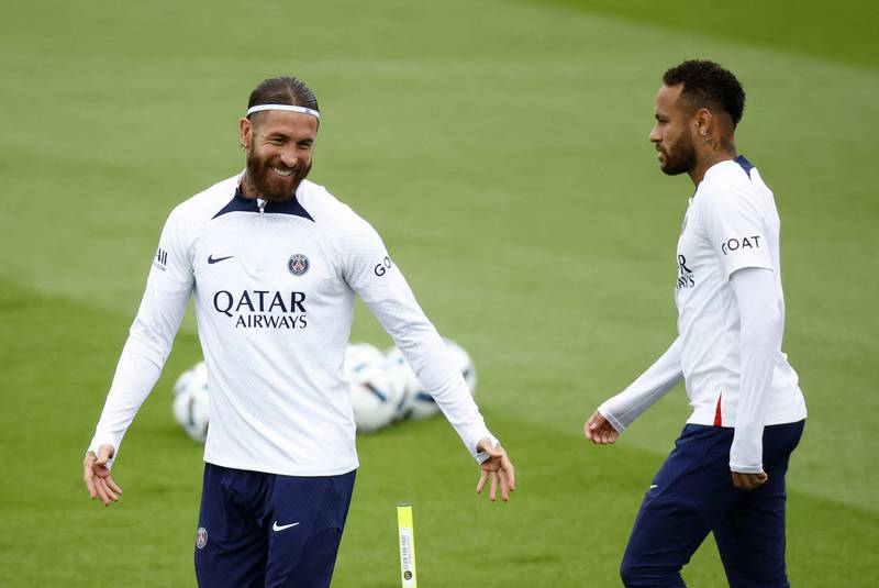 Paris Saint-Germain's Sergio Ramos and Neymar during training. Reuters
