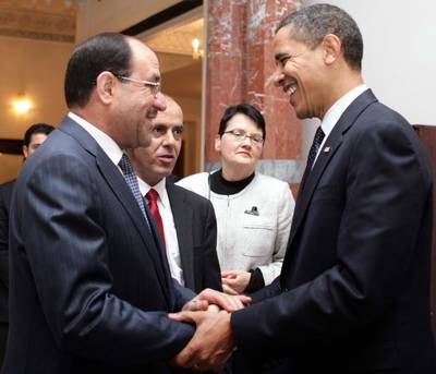 Iraqi prime minister Nouri Al Maliki and US president Barack Obama  in Baghdad on April 7, 2009.