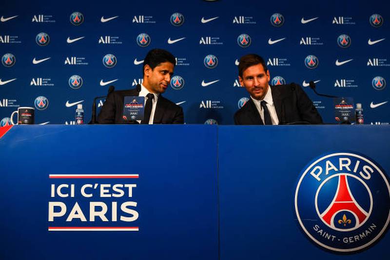 PSG president Nasser Al-Khelaifi and new signing Lionel Messi during the press conference at Parc des Princes.