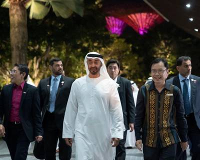 SINGAPORE, SINGAPORE - February 28, 2019: HH Sheikh Mohamed bin Zayed Al Nahyan, Crown Prince of Abu Dhabi and Deputy Supreme Commander of the UAE Armed Forces (2nd R) tours Gardens by the Bay. Seen with Felix Loh, Chief Executive Officer of Gardens by the Bay (R).

( Ryan Carter for the Ministry of Presidential Affairs )
---