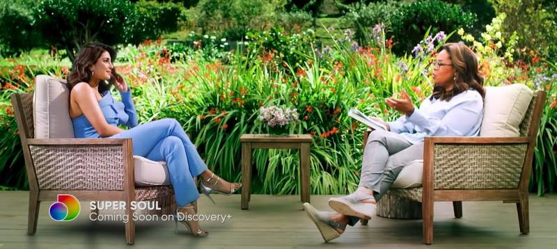 Priyanka Chopra Jonas wore a powder-blue suit in her interview with Oprah Winfrey. Courtesy Discovery+