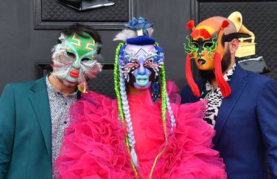 A colourful arrival for Colombian band Bomba Estereo at the Grammy Awards in Las Vegas. AFP