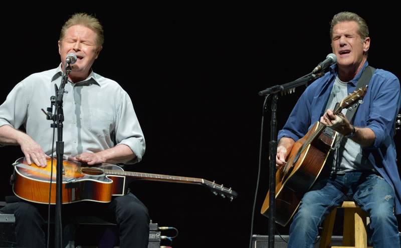 FILE - In this Jan. 15, 2014, file photo, Don Henley, left, and Glenn Frey of The Eagles perform on the "History of the Eagles" tour at the Forum in Los Angeles. The Eagles' greatest hits album has surpassed Michael Jackson's "Thriller" as the best-selling album of all-time. (Photo by John Shearer/Invision/AP, File)