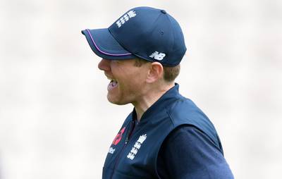 SOUTHAMPTON, ENGLAND - MAY 24: England captain Eoin Morgan injures his finger during an England Nets Session at The Hampshire Bowl on May 24, 2019 in Southampton, England. (Photo by Alex Davidson/Getty Images)