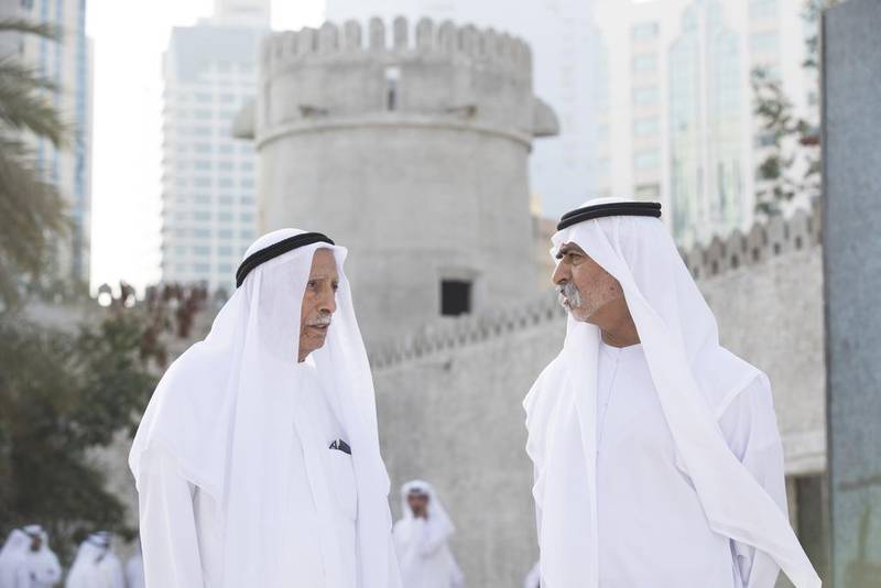 Sheikh Nahyan bin Mubarak, Minister of Culture and Knowledge Development, right, with Majed Al Manhali at Qasr Al Hosn. Ryan Carter / Crown Prince Court - Abu Dhabi