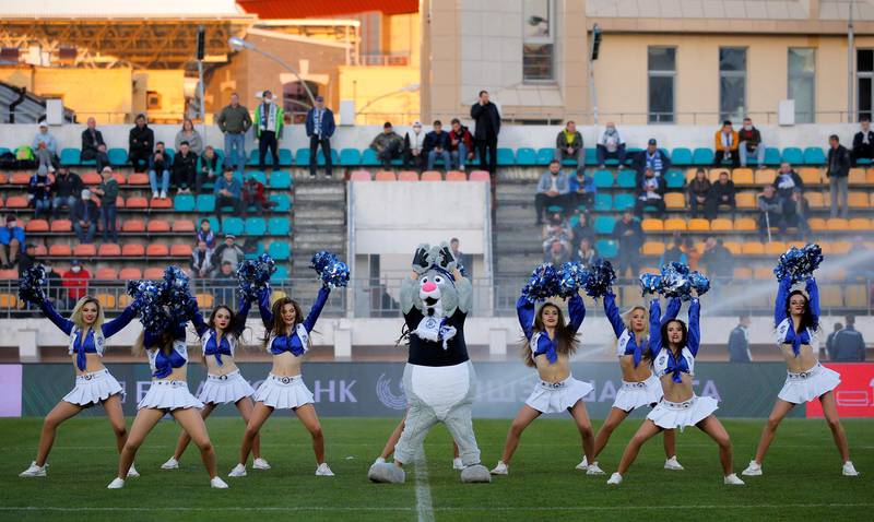 The Dynamo Brest mascot and cheerleaders on Sunday. Reuters