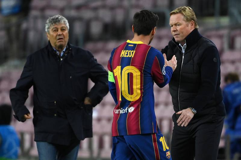 Messi shakes hands with Barcelona coach Ronald Koeman. AFP