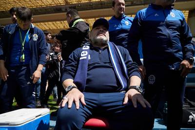 Diego Maradona during the match between Godoy Cruz and Gimnasia. Getty Images