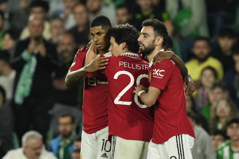 Manchester United's Marcus Rashford celebrates scoring in the 1-0 Europa League round of 16 second leg win against Real Betis at the Benito Villamarin Stadium, Seville, on March 16, 2023. AP