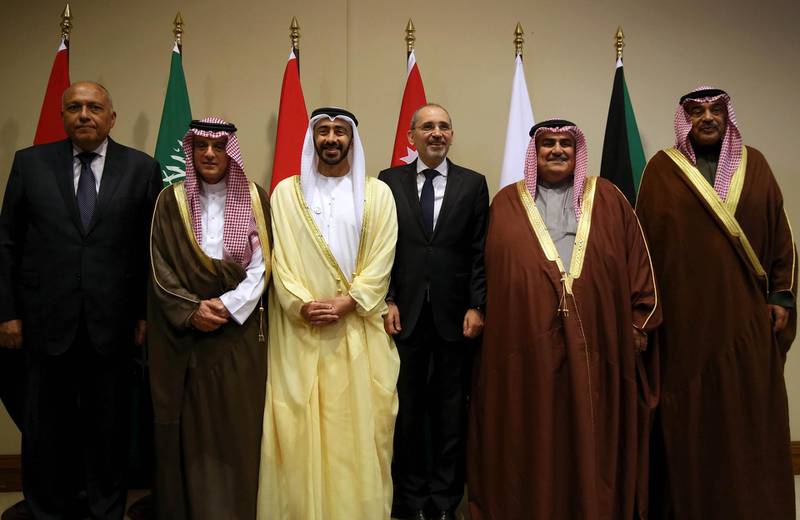 From left: Egyptian Foreign Minister Sameh Shoukry, Saudi Minister of State for Foreign Affairs Adel Al Jubeir, UAE Minister for Foreign Affairs and International Co-operation Sheikh Abdullah bin Zayed, Jordanian Foreign Minister Ayman Safadi, Bahrain Foreign Minister Sheikh Khaled bin Ahmad Al Khalifa and Kuwait Foreign Minister Sheikh Sabah Khaled Al Hamad Al Sabah pose for a group photo at the summit. AFP