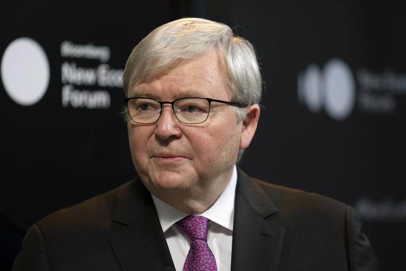 Kevin Rudd, Australia's former prime minister, speaks during a Bloomberg Television interview on the sidelines of the Bloomberg New Economy Forum in Singapore, on Tuesday, Nov. 6, 2018. The New Economy Forum, organized by Bloomberg Media Group, a division of Bloomberg LP, aims to bring together leaders from public and private sectors to find solutions to the world's greatest challenges. Photographer: Wei Leng Tay/Bloomberg