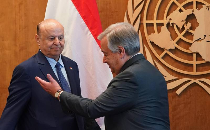 United Nations Secretary General Antonio Guterres (R) meets with Yemen's President Abd-Rabbu Mansour Hadi at the United Nations in New York on September 27, 2018. / AFP / Don EMMERT
