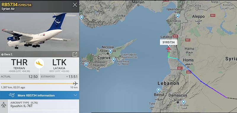 A screenshot of the route taken by an Ilyushin Il-76 jet with the registry YK-ATA between Tehran Mehrabad International Airport and Syria's Latakia. Flightradar24, screengrab  