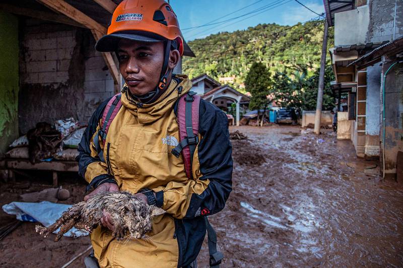 A rescuer helps a cat after a flash flood triggered by heavy rains in Purasari village in Bogor, Indonesia, on June 24, 2022. AFP