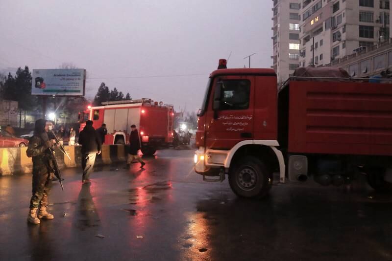 A fire brigade lorry at the scene after a suspected suicide bomber detonated explosives outside the ministry building. EPA