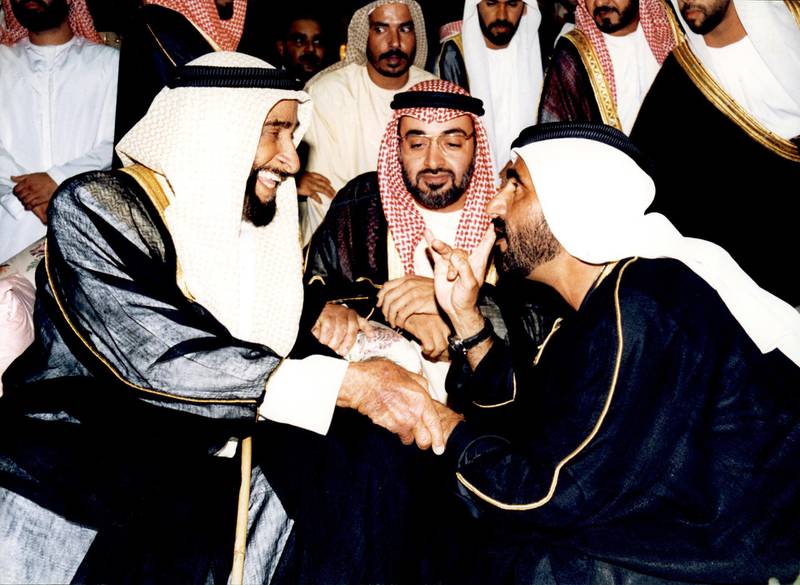 Sheikh Zayed with Sheikh Mohammed bin Rashid, Vice President and Ruler of Dubai, and Sheikh Mohamed. The three were attending 'The Arabs' Knight' operette, staged by the UAE Equestrian And Racing Federation at the close of the horse racing World Endurance Championship at Zayed Sports City, in Abu Dhabi. Photo: National Archives
