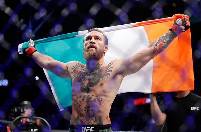 Conor McGregor celebrates after defeating Donald "Cowboy" Cerrone during a UFC 246 welterweight mixed martial arts bout Saturday, Jan. 18, 2020, in Las Vegas. (AP Photo/John Locher)